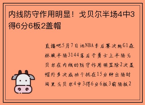 内线防守作用明显!戈贝尔半场4中3得6分6板2盖帽
